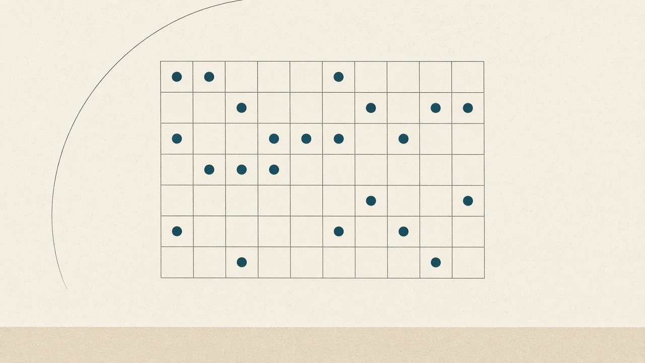 An off-white sheet with a fine grid, some grid cells marked with small petrol dots, next to it an arc drawn in a fine black line