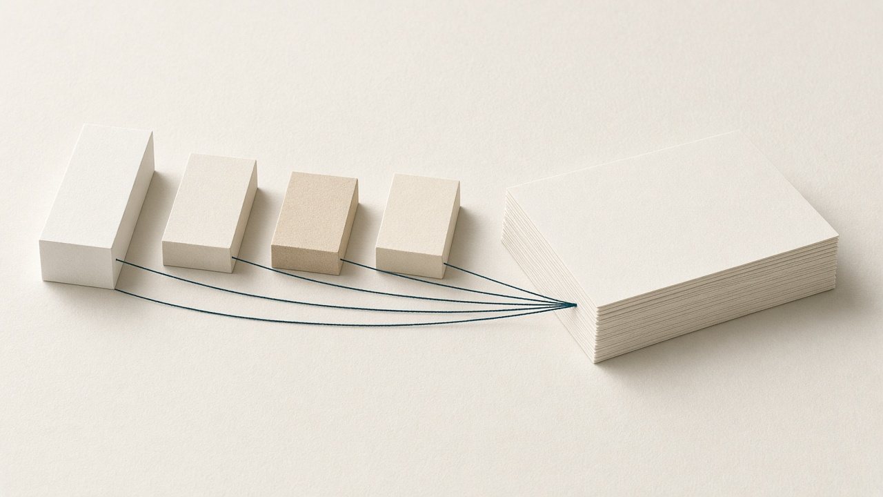 Four small paper blocks in off-white and sand, linked by a fine petrol line to a stack of layered paper sheets