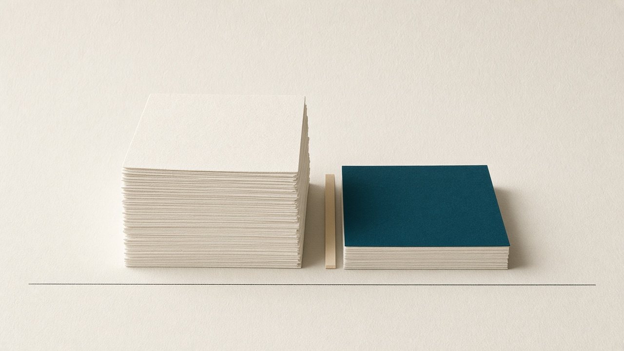 Ein hoher Stapel Off-White-Papierbögen neben einem deutlich niedrigeren Stapel, auf dem ein petrolfarbener Bogen liegt