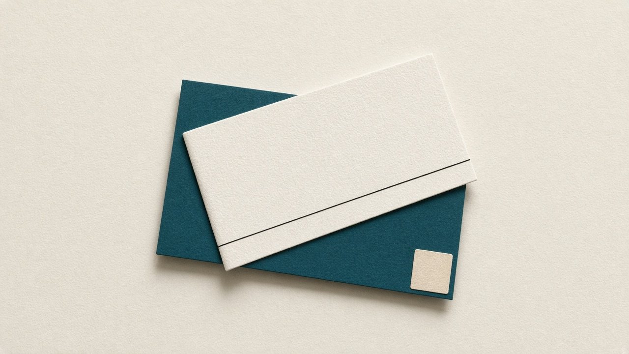 Zwei gleich geformte Papierflächen, eine Off-White, eine petrolfarben, liegen versetzt übereinander, eine feine schwarze Linie trennt sie