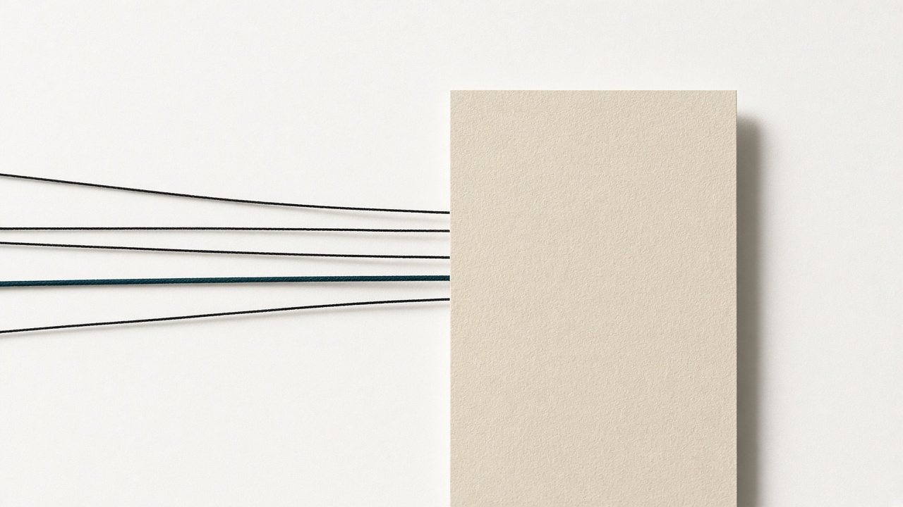 Several fine black lines run from the left towards a sand-coloured paper edge; one petrol line ends exactly at the edge