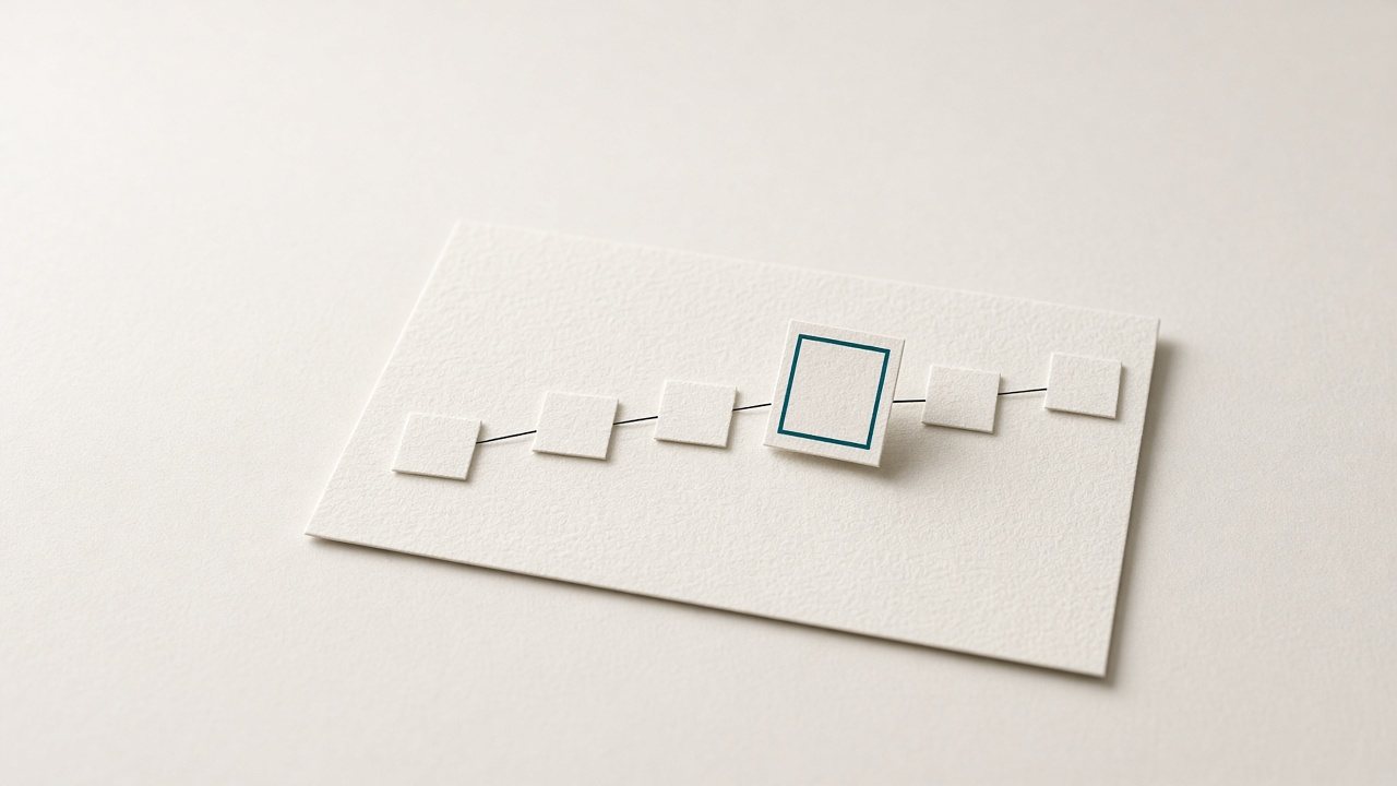Kleine Off-White-Papierquadrate sind durch feine schwarze Linien verbunden, ein Quadrat ist durch einen petrolfarbenen Rahmen aus der Reihe herausgehoben