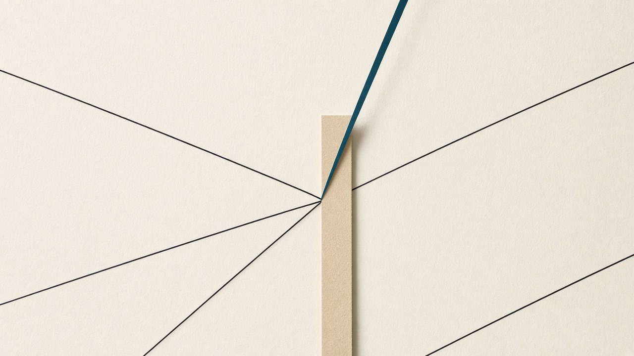 Several fine black lines converge across off-white paper, one of them petrol, a narrow sand-coloured paper strip beside them