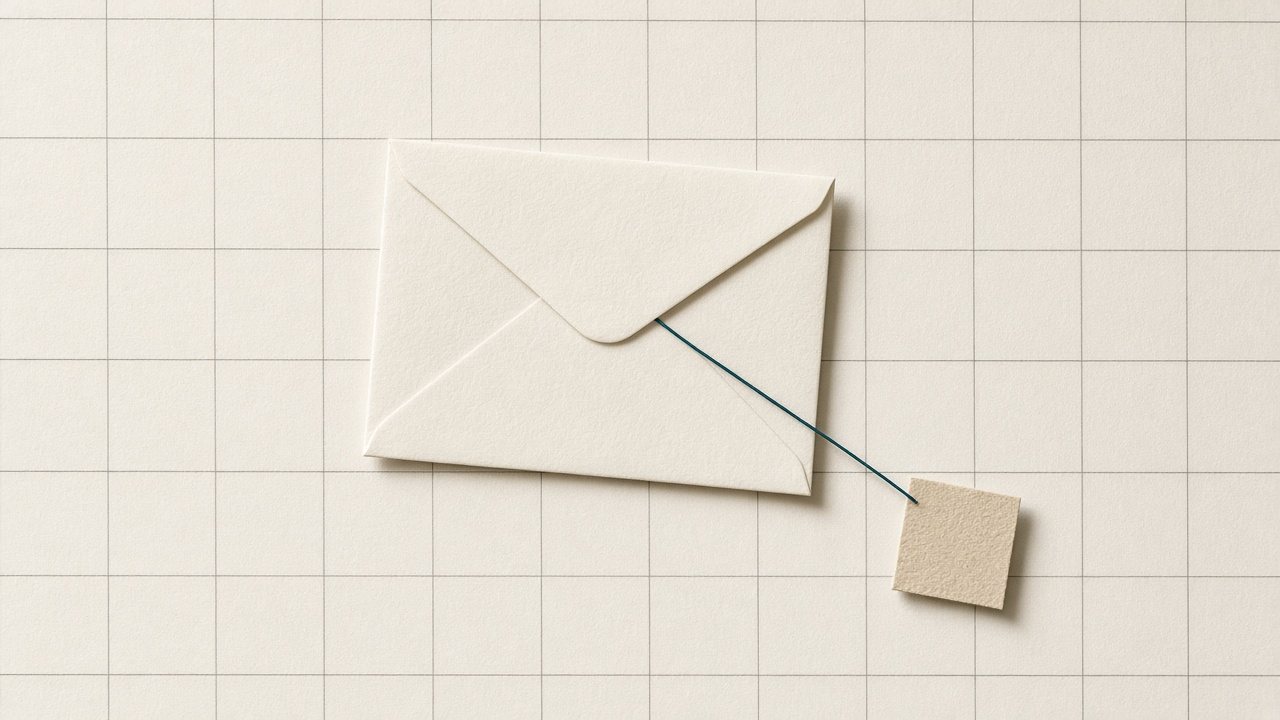 A closed off-white paper envelope on a light background, a fine petrol line leading from it to a small sand-coloured square