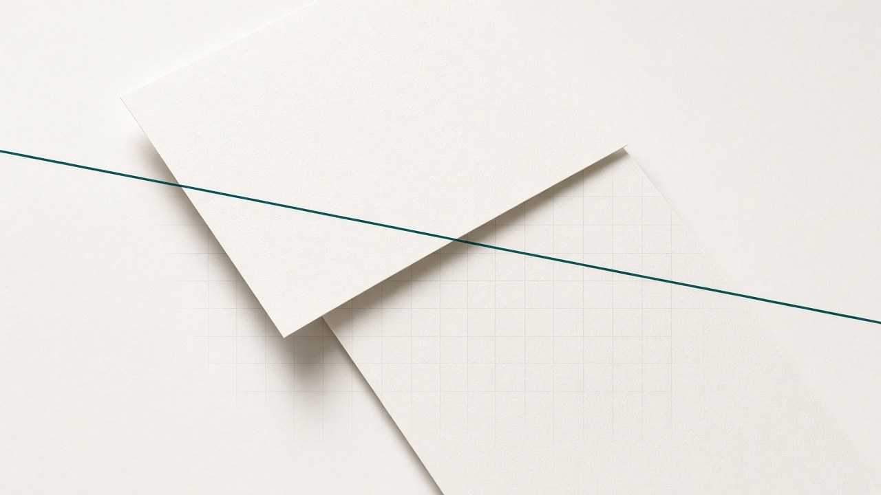 Zwei sich überlappende Papierbögen auf Off-White, eine petrolfarbene Linie wird an der Überlappung unterbrochen