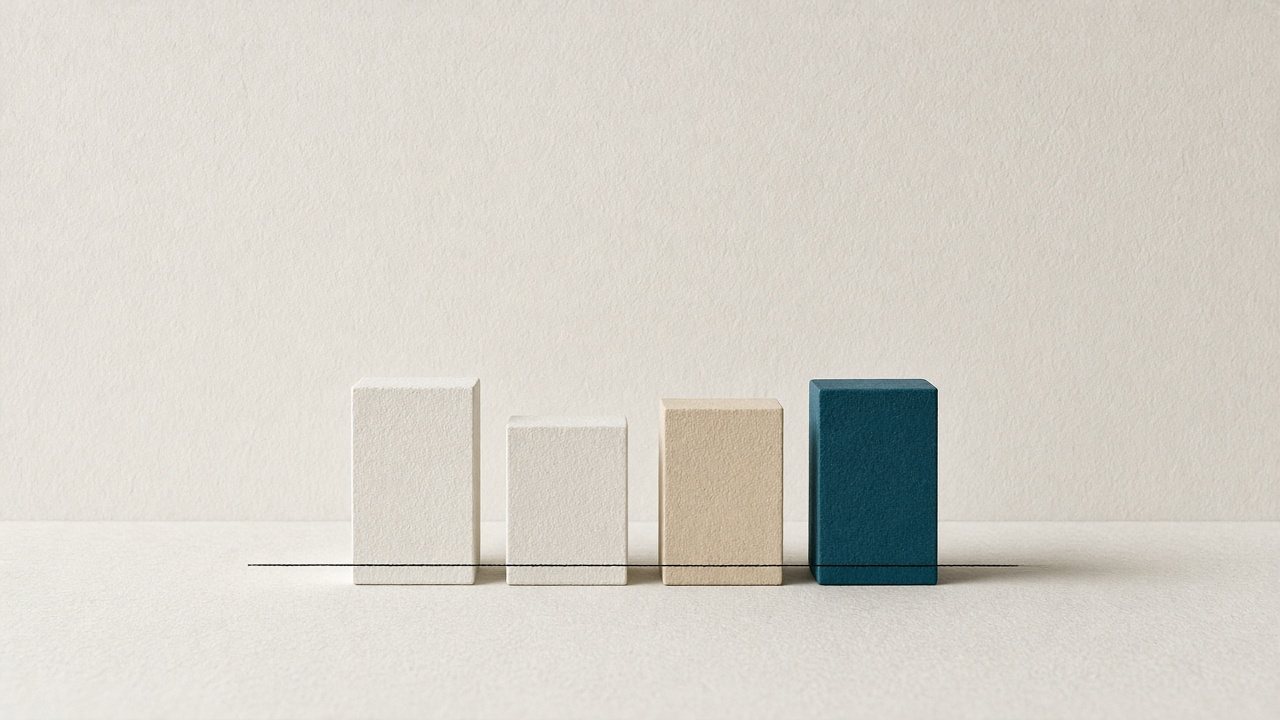 Four small paper cuboids in off-white, sand and petrol stand in a row on light paper, connected by a fine black line