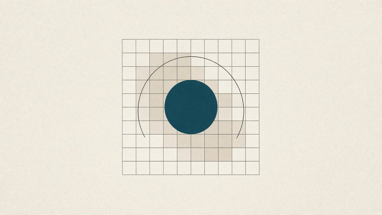 A fine black grid on off-white paper with a petrol circle and a thin black arc