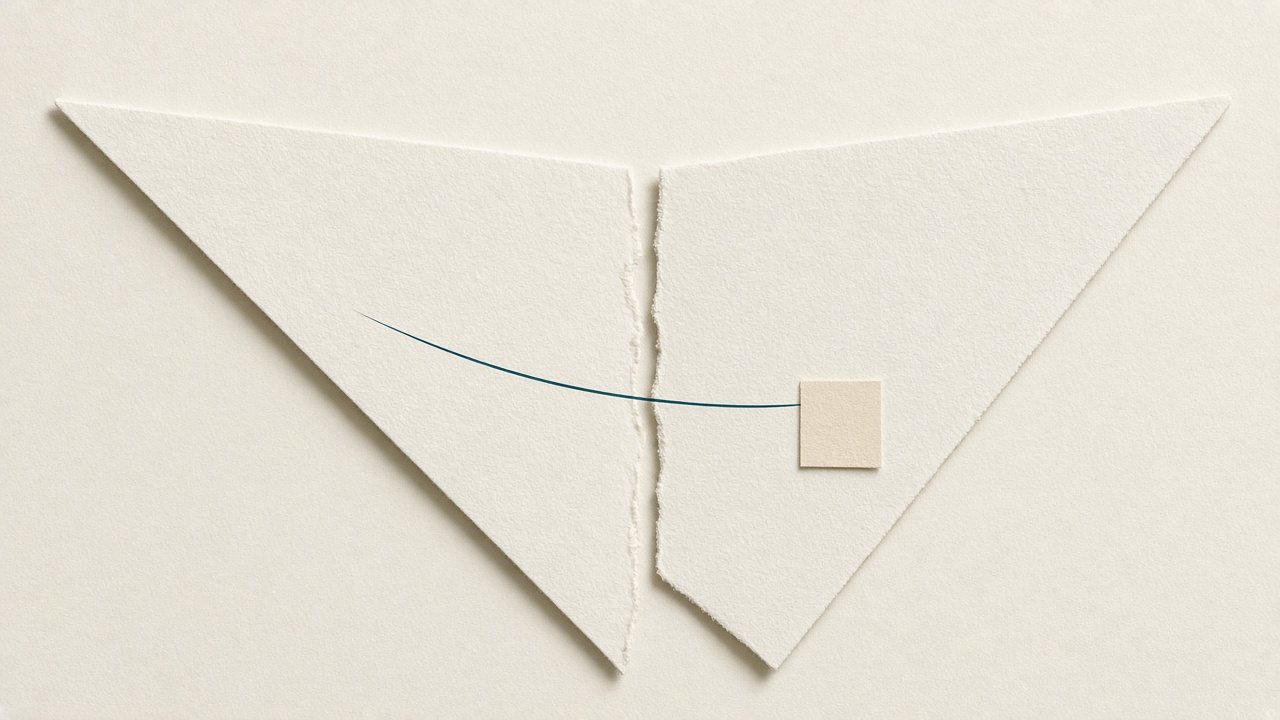 Off-white paper planes with a sharp break, carefully crossed by a single petrol-teal line