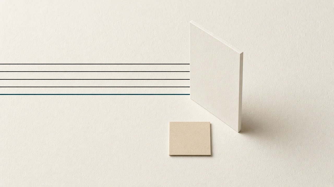 A stack of off-white paper with several fine lines, one petrol-coloured line ending at a narrow barrier